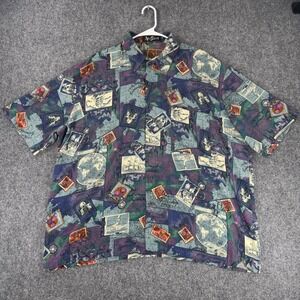 Alan Stuart Map Stamp Print Shirt Men's 2XL (1X) Purple Short Sleeve Resort